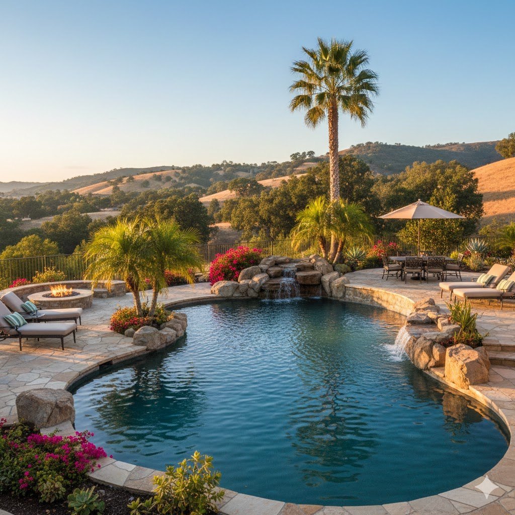 Backyard swimming pool surrounded by landscaping and palm trees