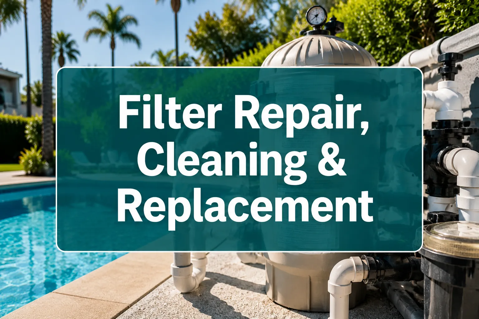 Professional () hero image with 'Filter Repair, centered with 8% safe margins from every edge. Background: bright outdoor
