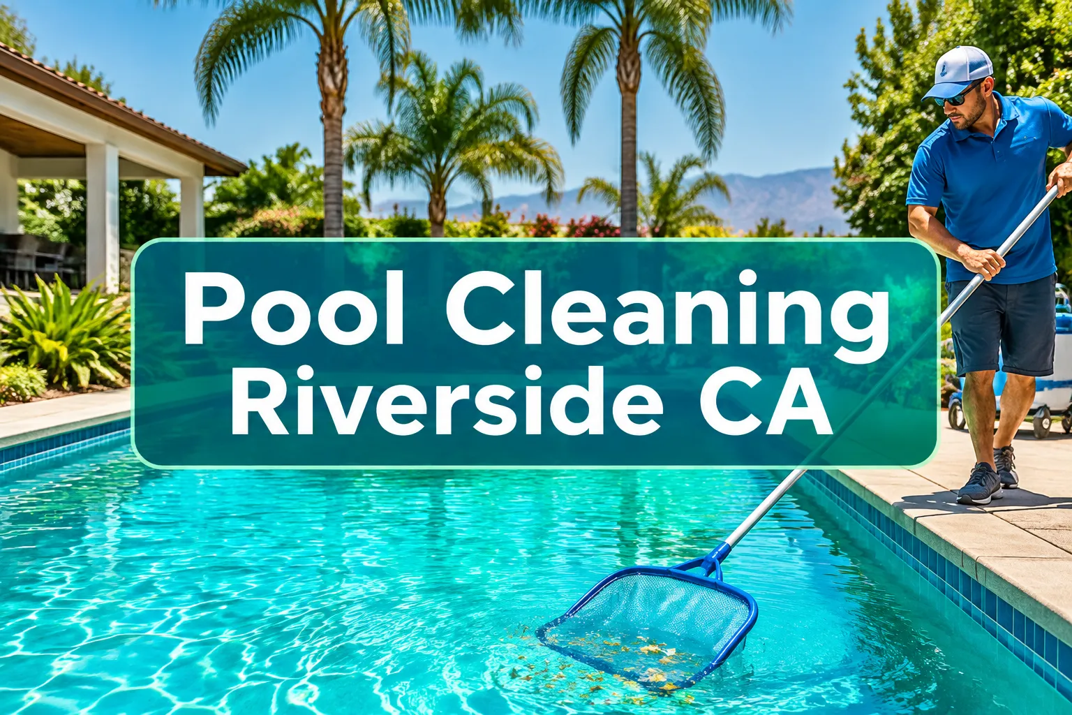 Professional pool cleaning Riverside CA complete 2026 guide with 'Pool Cleaning Riverside CA' in crisp white on a deep teal semi-transparent panel, centered