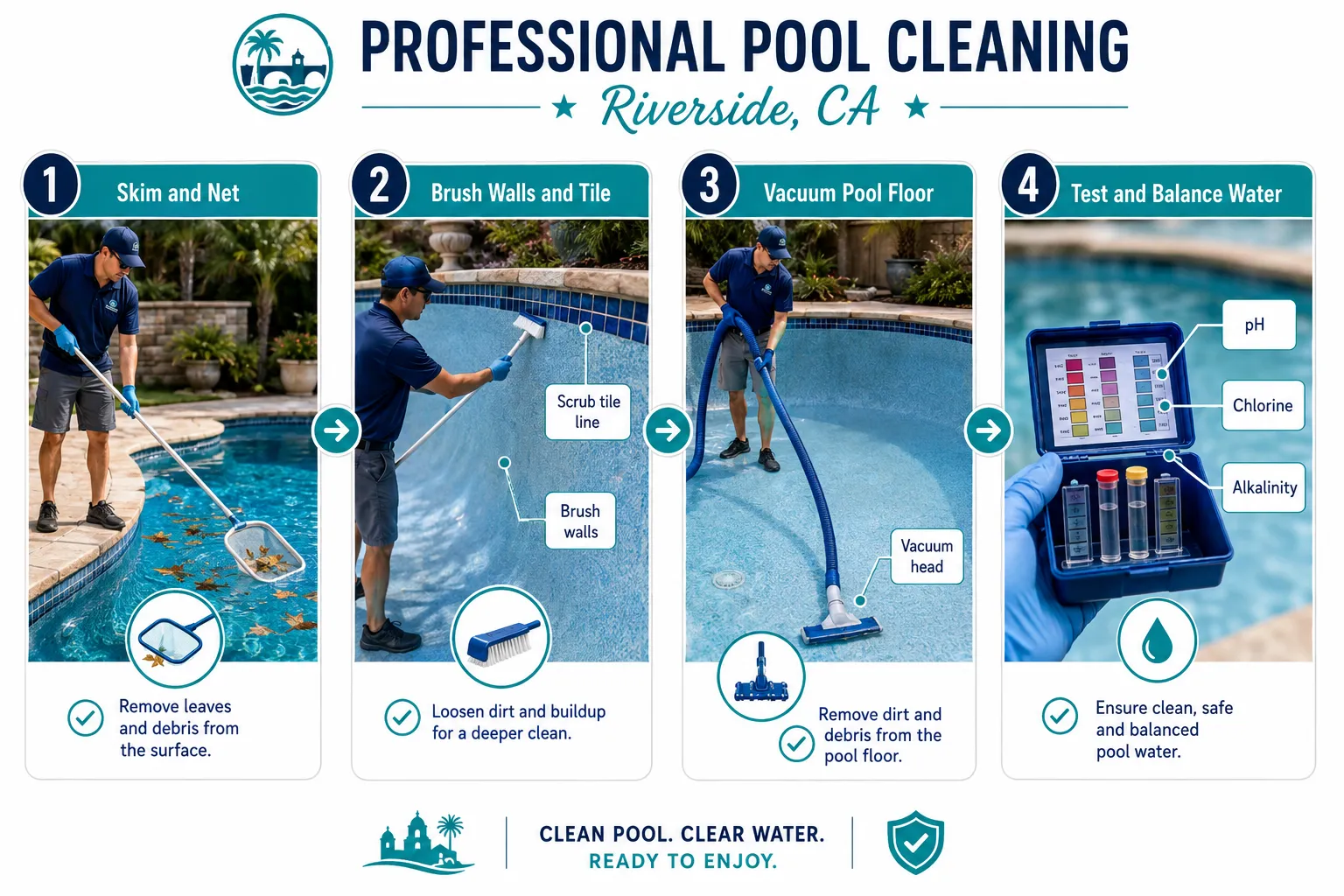 Weekly pool maintenance checklist skimming brushing vacuuming chemical testing and equipment inspection